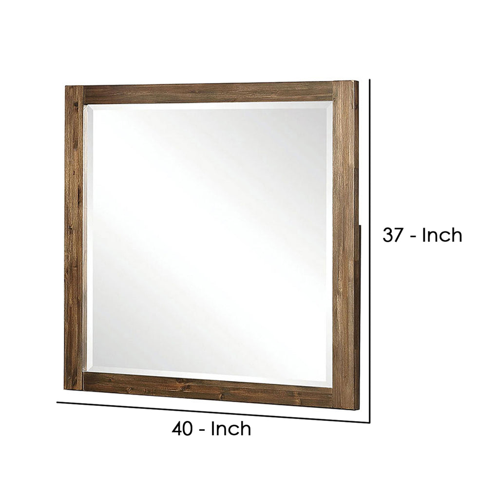 Benzara 40 Inch Rectangular Wooden Frame Mirror, Brown BM240049 Brown Solid Wood, Veneer BM240049