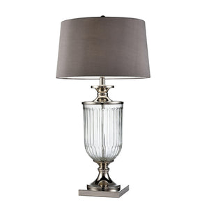 Benzara Table Lamp with Glass Pedestal Base and Fabric Shade, Chrome BM240297  Glass, Fabric, Metal BM240297