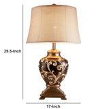 Benzara Table Lamp with Filigree Accent Base and Fabric Shade, Brown BM240299  Polyresin, Fabric BM240299