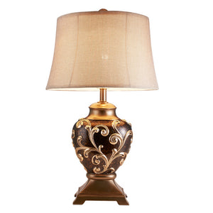 Benzara Table Lamp with Filigree Accent Base and Fabric Shade, Brown BM240299  Polyresin, Fabric BM240299