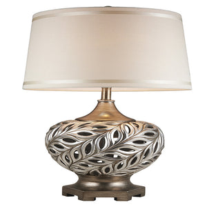 Benzara Table Lamp with Scrolled Peacock Feather Cutout Base, Silver BM240303  Polyresin, Fabric BM240303