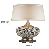 Benzara Table Lamp with Scrolled Peacock Feather Cutout Base, Silver BM240303  Polyresin, Fabric BM240303