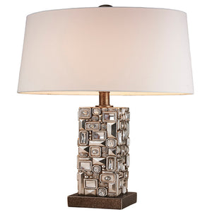 Benzara Table Lamp with Abstract Mirror Block Base, Bronze BM240307  Polyresin, Fabric BM240307