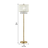 Benzara Floor Lamp with Hanging Crystal Accents, White and Gold BM240410  Metal and Fabric BM240410