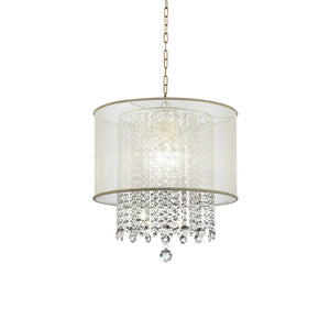 Benzara Ceiling Lamp with Hanging Crystal Accents, White and Clear BM240411  Metal and Fabric BM240411