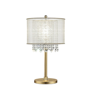 Benzara Table Lamp with Hanging Crystal Accents, White and Gold BM240412  Metal and Fabric BM240412