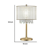 Benzara Table Lamp with Hanging Crystal Accents, White and Gold BM240412  Metal and Fabric BM240412