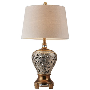 Benzara Table Lamp with Floral pattern Metal Body, Silver and Gold BM240417  Metal and Fabric BM240417