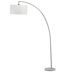 Benzara Floor Lamp with Curved Metal Frame and Drum Shade, Silver BM240435  Fabric, Marble and Metal BM240435