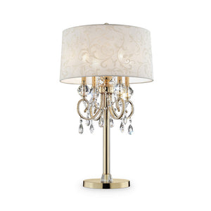 Benzara Table Lamp with Crystal Accent and Baroque Printed Shade, Gold BM240437  Fabric, Crystal and Metal BM240437
