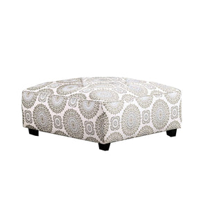 Benzara Ottoman with Floral Medallions Pattern and Welt Trim, Off White BM252859 White Wood and Fabric BM252859