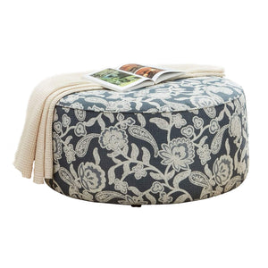 Benzara Ottoman with Floral Fabric and Drum Style, Blue and White BM252866 Blue and White Wood and Fabric BM252866