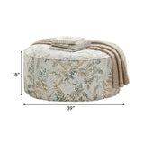 Benzara Ottoman with Leaves Print Fabric and Drum Style, Cream BM252869 Cream Wood and Fabric BM252869