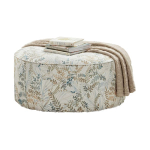 Benzara Ottoman with Leaves Print Fabric and Drum Style, Cream BM252869 Cream Wood and Fabric BM252869