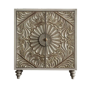 Benzara Wine Cabinet with Polyresin Floral Design, Ivory BM253000 White Solid Wood, Veneer BM253000