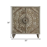 Benzara Wine Cabinet with Polyresin Floral Design, Ivory BM253000 White Solid Wood, Veneer BM253000