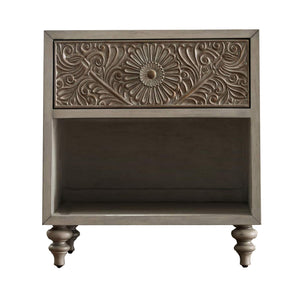 Benzara Night Stand with Polyresin Floral Design, Ivory BM253002 White Solid Wood, Veneer BM253002