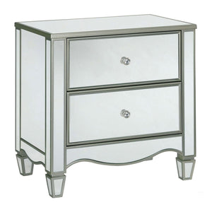 Benzara Night Stand with Crystal Knobs and Mirror Panels, Silver BM253007 Silver Mirror, Resin, Solid Wood BM253007