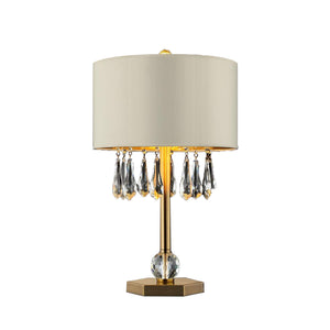 Benzara Table Lamp with Hanging and Round Crystals, Gold and Cream BM253034 Gold, Cream Crystal, Metal BM253034