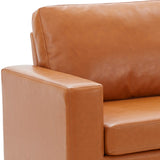 Benzara Sofa with Leatherette Upholstery and Track Armrests, Tan Brown BM261300 Brown Wood and Faux Leather BM261300