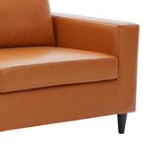 Benzara Sofa with Leatherette Upholstery and Track Armrests, Tan Brown BM261300 Brown Wood and Faux Leather BM261300