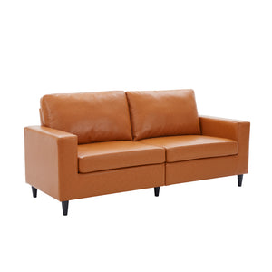 Benzara Sofa with Leatherette Upholstery and Track Armrests, Tan Brown BM261300 Brown Wood and Faux Leather BM261300