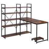 Benzara Computer Desk with 5 Tier Hutch Bookshelf, Brown and Black BM261306 Brown and Black MDF and Metal BM261306