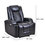 Benzara Power Recliner with USB Plugin and 2 Cupholders, Black BM261309 Black Leatherette, Metal BM261309