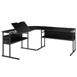 Benzara L Shape Desk with Tiltable Top and Metal Frame, Black BM261318 Black MDF and Metal BM261318