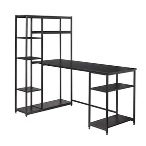 Benzara Computer Desk and Bookshelf with Multiple Shelves, Black BM261324 Black MDF and Metal BM261324