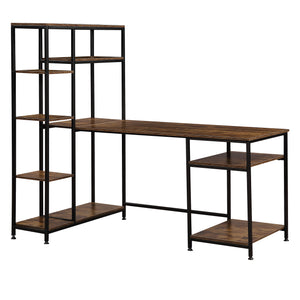 Benzara Computer Desk and Bookshelf with Multiple Shelves, Brown BM261325 Brown MDF and Metal BM261325