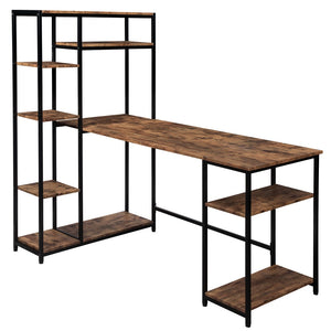 Benzara Computer Desk with 6 Tier Bookshelf, Brown and Black BM261329 Brown and Black MDF and Metal BM261329