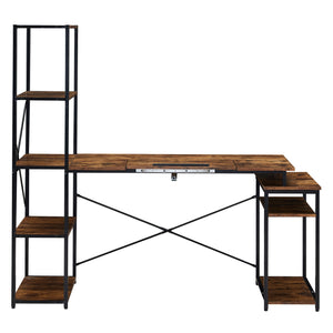 Benzara Computer Desk and 5 Tier Bookshelf with Tilted Panel Top, Brown and Black BM261331 Brown and Black Metal and MDF BM261331