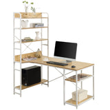 Benzara Computer Desk with 5 Tier Bookcase and Metal Frame, White and Brown BM261333 White and Brown MDF and Metal BM261333