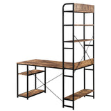 Benzara Computer Desk with 5 Tier Bookcase and Metal Frame, Black and Brown BM261334 Black and Brown MDF and Metal BM261334