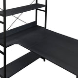 Benzara Computer Desk with 5 Tier Bookshelf and X Bar Supports, Black BM261335 Black MDF and Metal BM261335