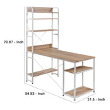 Benzara Computer Desk with 5 Tier Bookshelf and X Bar Supports, White BM261336 White MDF and Metal BM261336