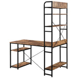 Benzara Computer Desk with 5 Tier Bookshelf and X Bar Supports, Brown BM261337 Brown MDF and Metal BM261337