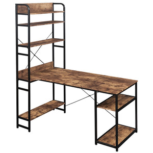 Benzara Computer Desk with 5 Tier Bookshelf and X Bar Supports, Brown BM261337 Brown MDF and Metal BM261337