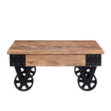 Benzara Coffee Table with Rough Hewn and Casters, Brown BM261338 Brown Solid wood , Metal BM261338