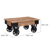 Benzara Coffee Table with Rough Hewn and Casters, Brown BM261338 Brown Solid wood , Metal BM261338