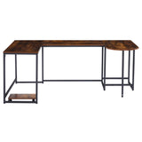 Benzara U Shape Desk with Grain Details and Metal Frame, Brown and Black BM261354 Brown and Black MDF and Metal BM261354