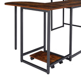 Benzara U Shape Desk with Grain Details and Metal Frame, Brown and Black BM261354 Brown and Black MDF and Metal BM261354