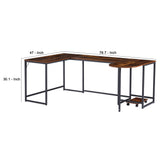 Benzara U Shape Desk with Grain Details and Metal Frame, Brown and Black BM261354 Brown and Black MDF and Metal BM261354