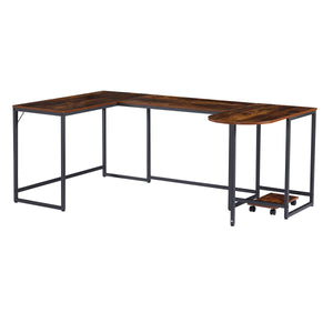 Benzara U Shape Desk with Grain Details and Metal Frame, Brown and Black BM261354 Brown and Black MDF and Metal BM261354