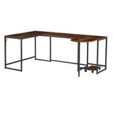 U Shape Desk with Grain Details and Metal Frame, Brown and Black