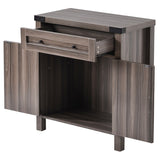 Benzara Console Table with Double Door Cabinet and Barnyard Design, Gray BM261387 Gray MDF and Metal BM261387