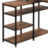Benzara Computer Desk with 4 Tier Side Shelves and Open Frame, Brown and Black BM261394 Brown and Black MDF and Metal BM261394