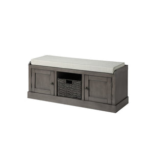 Benzara Bench with 2 Cabinets and Pull Out Woven Backet, Gray BM261412 Gray Wood and Fabric BM261412