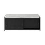 Benzara Bench with 2 Sliding Cabinets and Ring Pulls, Black BM261415 Black Wood and Fabric BM261415